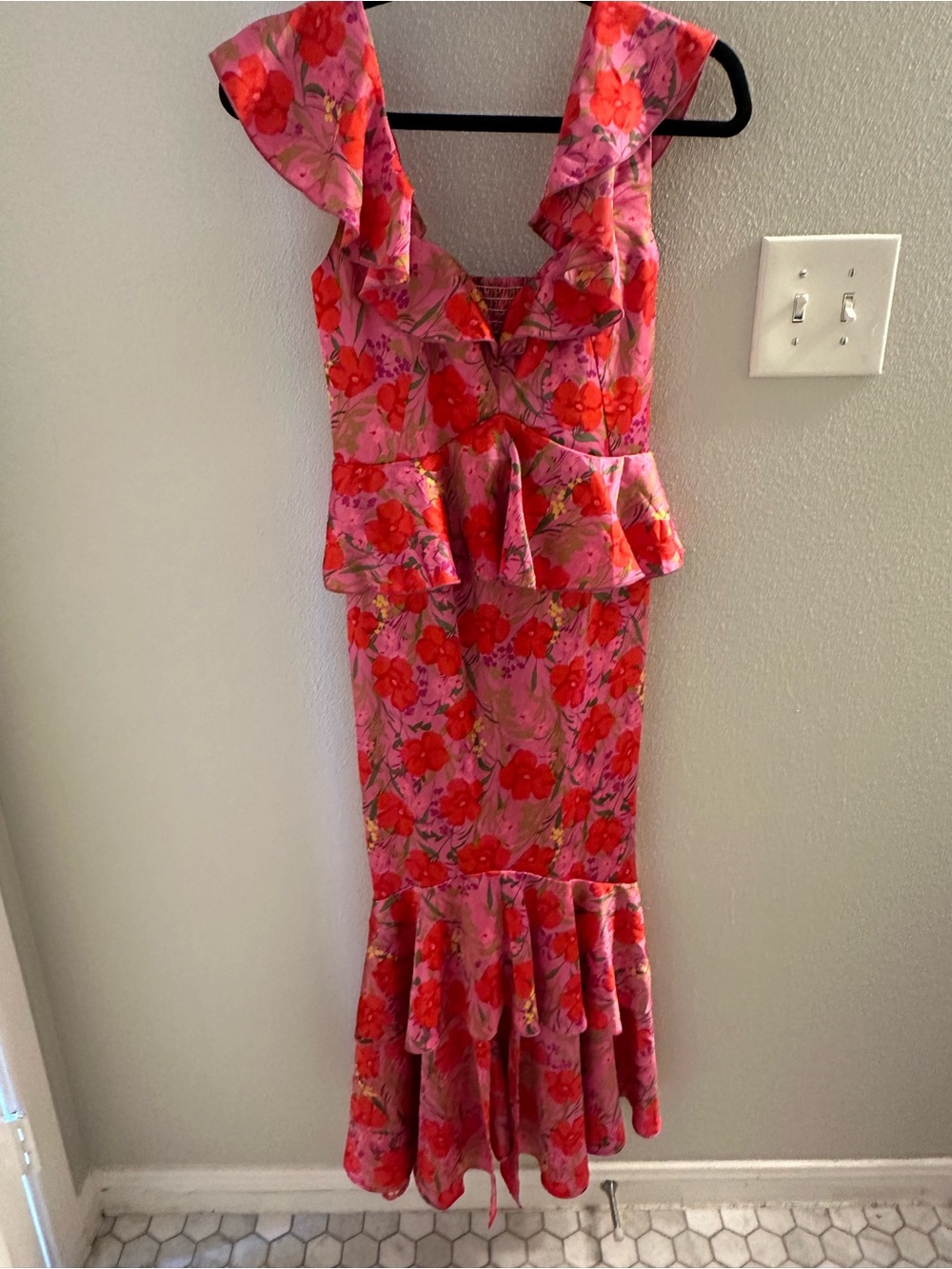Show Me Your MuMu Pink Floral Ruffle Peplum Midi Dress